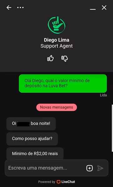Captura de tela de uma conversa no chat ao vivo da Luva Bet