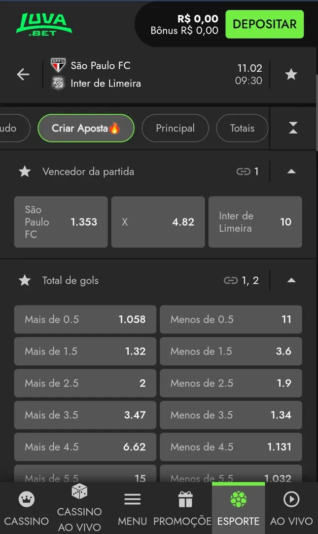 Captura de tela da aba de Criar Aposta de uma partida de futebol na Luva Bet
