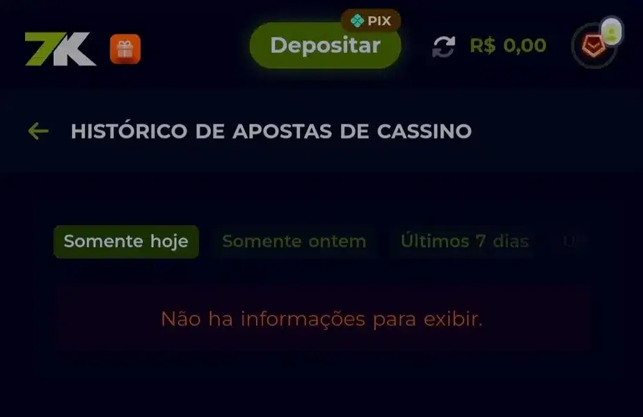 Captura de tela da p&aacute;gina com o hist&oacute;rico de apostas da 7K Bet
