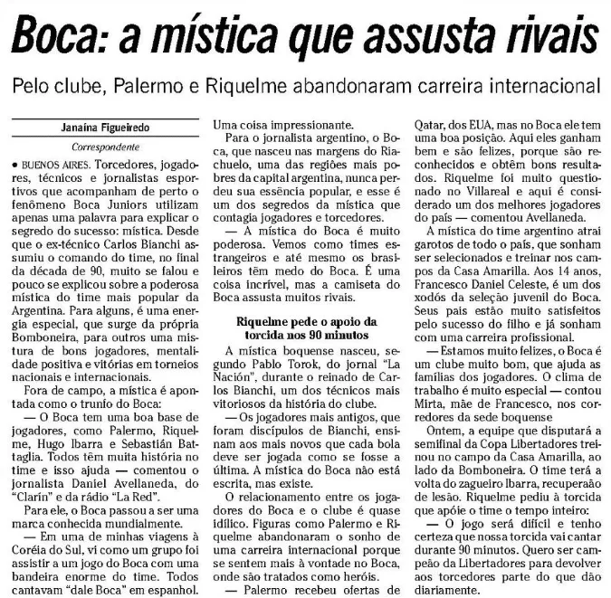Jornal O Globo destacava a m&iacute;stica do Boca Juniors &agrave;s v&eacute;speras de semifinal da Libertadores contra o Fluminense, em 2008 - Foto: Acervo O Globo