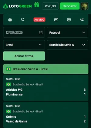 Filtro de resultados que est&aacute; dispon&iacute;vel na p&aacute;gina inicial da Lotogreen

