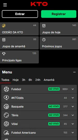 Captura de tela das op&ccedil;&otilde;es de apostas da KTO ap&oacute;s o registro e login.