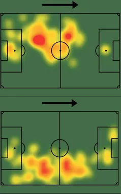 Mapas de calor de Jo&atilde;o Marcelo (em cima) e Z&eacute; Ivaldo (abaixo) em Cruzeiro 3 x 1 Vit&oacute;ria
