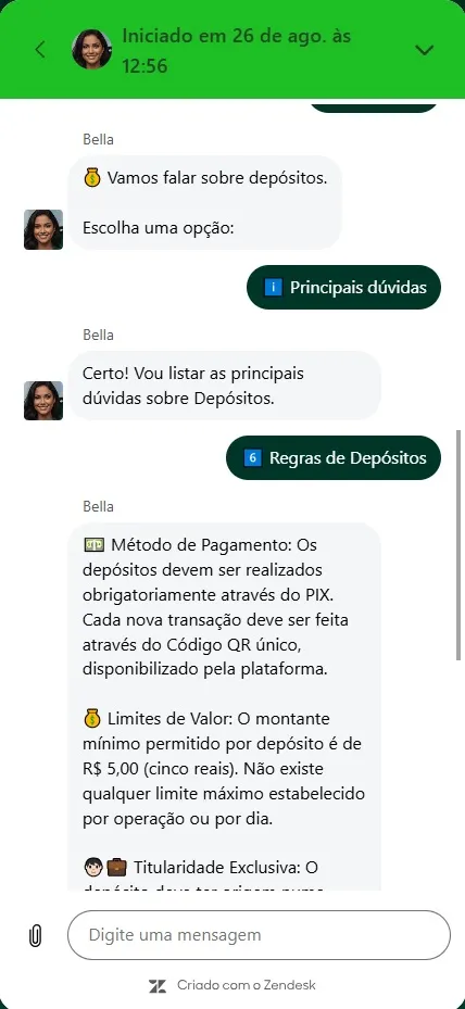Atendimento Lotogreen via chat com o bot Bella informando sobre regras de dep&oacute;sito m&iacute;nimo de R$ 5,00 via Pix
