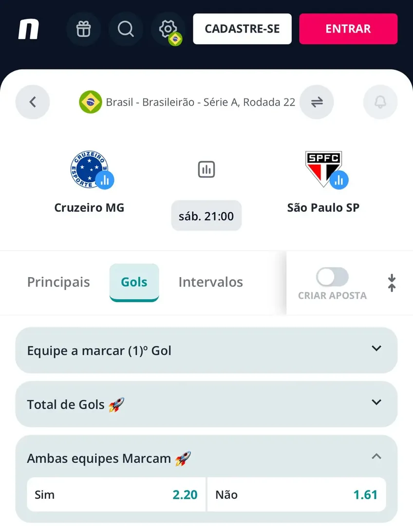 Captura de tela com o mercado de ambos marcam para Cruzeiro e S&atilde;o Paulo na Novibet