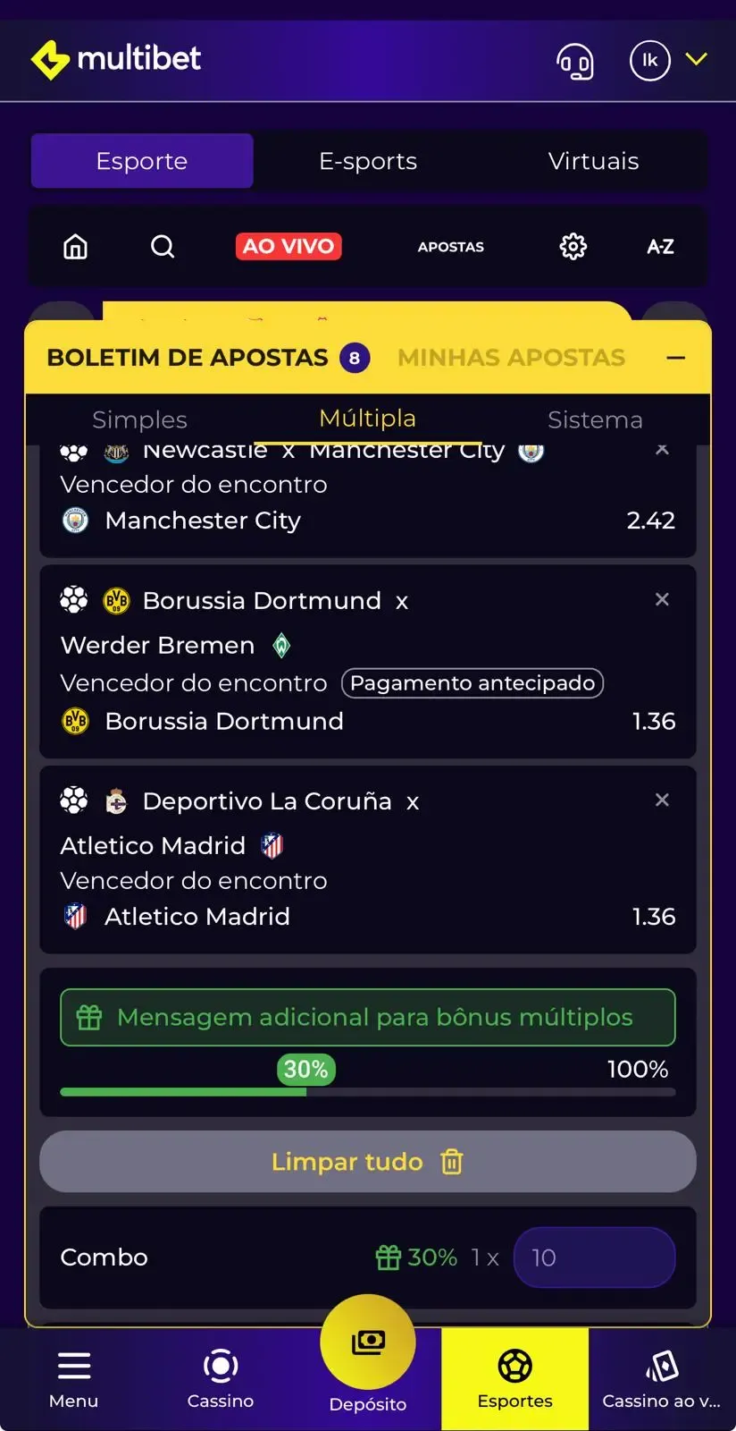 Boletim de aposta m&uacute;ltipla com b&ocirc;nus progressivo na vers&atilde;o mobile da Multibet