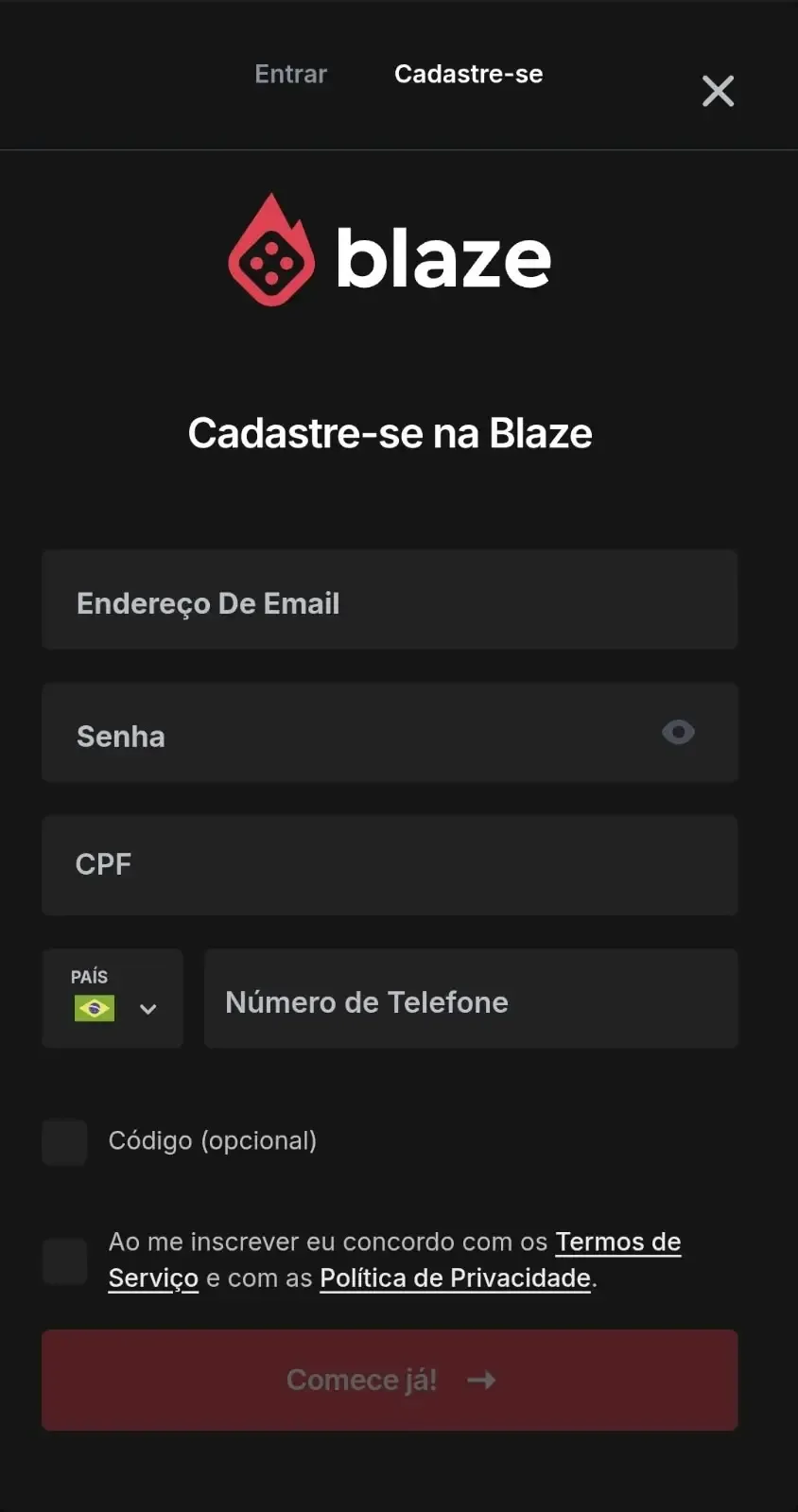 Captura de tela do formul&aacute;rio de cadastro no site oficial da Blaze.