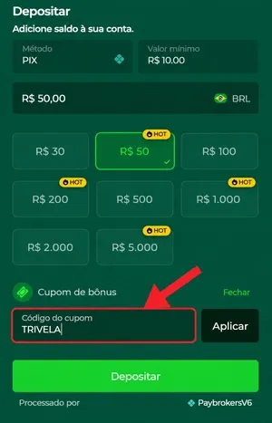 Ativa&ccedil;&atilde;o do c&oacute;digo de cupom da Lotogreen na p&aacute;gina de dep&oacute;sito
