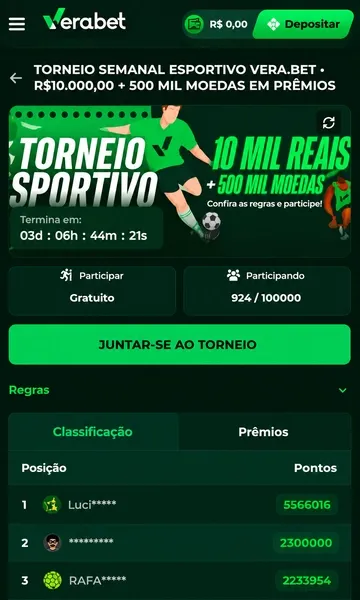 Torneio esportivo dispon&iacute;vel no cat&aacute;logo de promo&ccedil;&otilde;es da Vera Bet