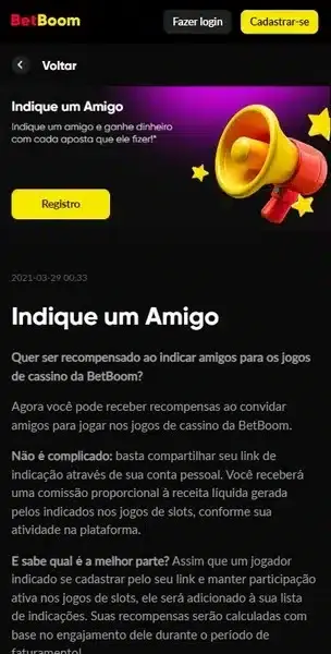 Captura de tela com o b&ocirc;nus por indica&ccedil;&atilde;o da Betboom

