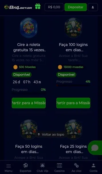 Exemplos de miss&otilde;es que ficam dispon&iacute;veis no Club VIP da Br4bet