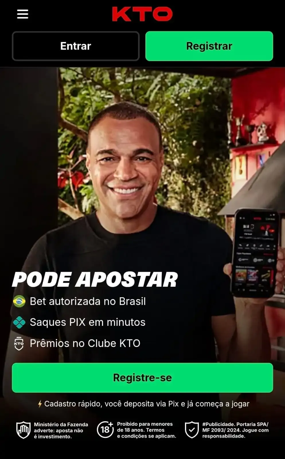 Captura de tela da p&aacute;gina inicial da KTO exibindo os jogos em destaque e bot&otilde;es de login e cadastro.