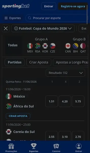 Mercados de apostas dispon&iacute;veis na Sportingbet durante a Copa do Mundo de 2026