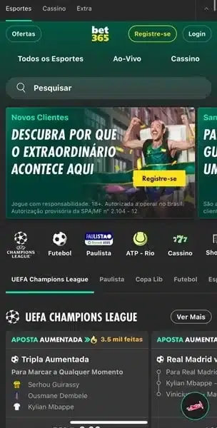 Captura de tela da p&aacute;gina inicial da Bet365