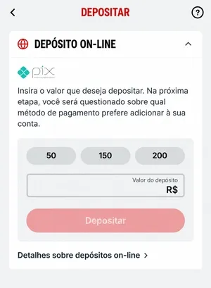 P&aacute;gina de dep&oacute;sito via Pix na Superbet
