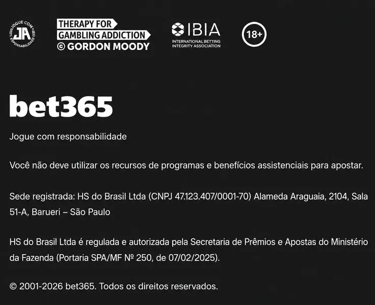 Rodap&eacute; da p&aacute;gina inicial da bet365, com informa&ccedil;&otilde;es sobre seguran&ccedil;a e licen&ccedil;a da plataforma no Brasil