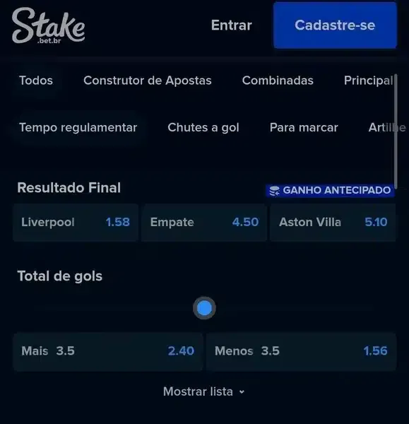 Captura de tela do mercado &ldquo;Over/Under&rdquo; em Gols na Stake Brasil