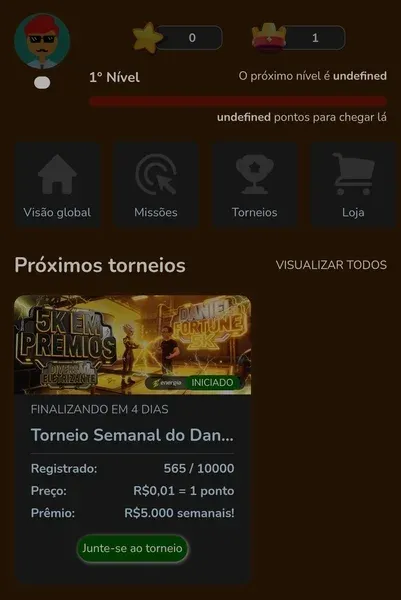 Miss&otilde;es e torneios que aparecem no dashboard da Energia Bet