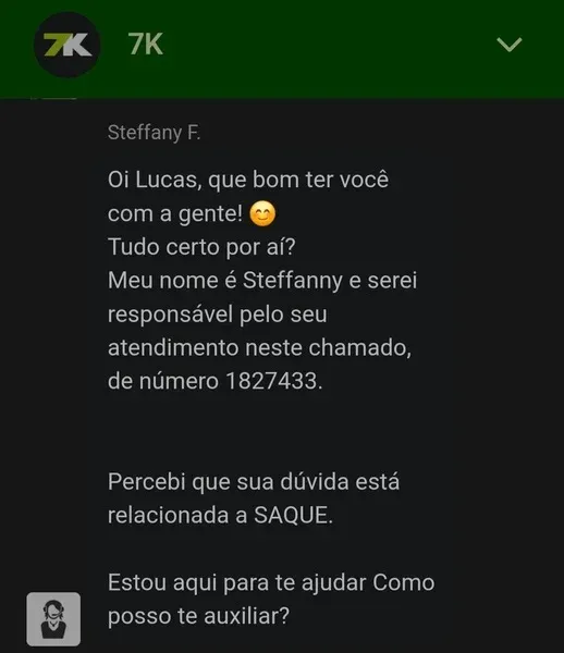  Captura de tela da p&aacute;gina com o atendimento via chat ao vivo da 7K Bet
