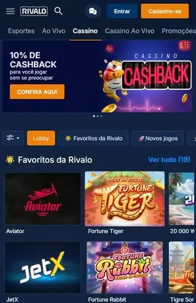 Captura de tela com o cat&aacute;logo de cassino da Rivalo