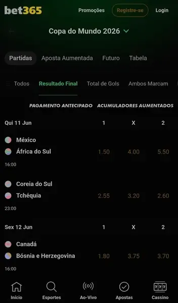 P&aacute;gina de apostas da bet365 na Copa do Mundo de 2026