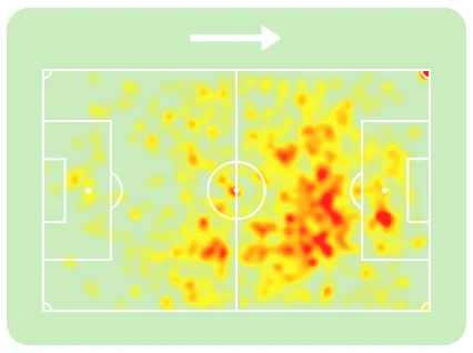 Mapa de calor de Dani Olmo na &uacute;ltima LaLiga, quando atuou quase sempre de camisa 10