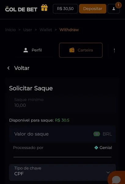 Captura de tela da p&aacute;gina de pagamentos da Gol de Bet, com o Pix como &uacute;nica op&ccedil;&atilde;o dispon&iacute;vel
