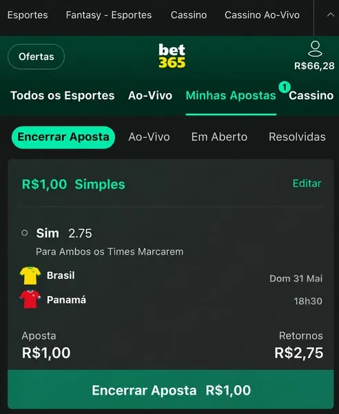 Cash out da bet365 em jogo da Sele&ccedil;&atilde;o Brasileira