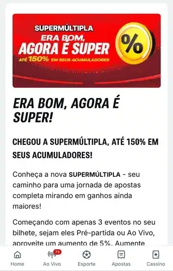 Captura de tela da oferta de b&ocirc;nus SuperM&uacute;ltipla na Superbet