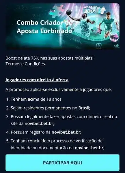 Breve explica&ccedil;&atilde;o sobre a elegibilidade no b&ocirc;nus Combo Criador de Aposta Turbinado da Novibet