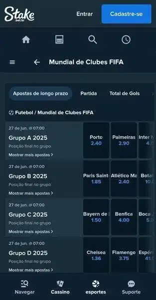 Captura de tela da Stake com odds para quem ser&aacute; o primeiro colocado de cada grupo no Mundial de Clubes 2025