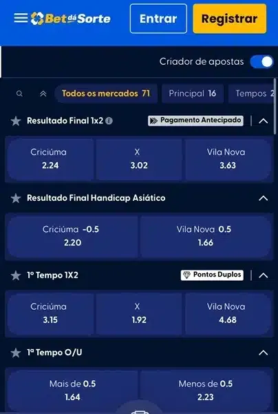 Captura de tela com criador de apostas ativado na Bet d&aacute; Sorte