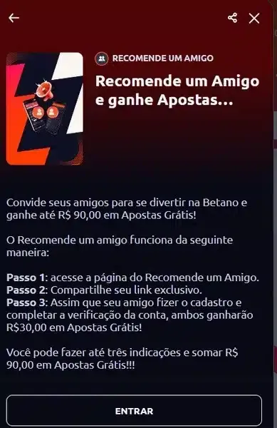 Captura de tela com o b&ocirc;nus por indica&ccedil;&atilde;o da Betano
