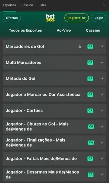 Captura de tela dos mercados de jogadores na Bet365 em uma partida de Champions League
