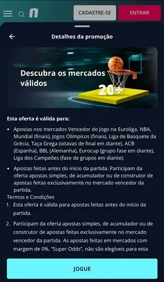 Captura de tela da p&aacute;gina da oferta de pagamento antecipado 20 pontos para basquete na Novibet