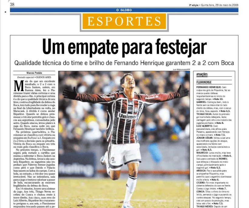 Fluminense arrancou empate com gols do Boca Juniors em Avellaneda pela Libertadores em 2008. Motivo para festejar - Foto: Acervo O Globo