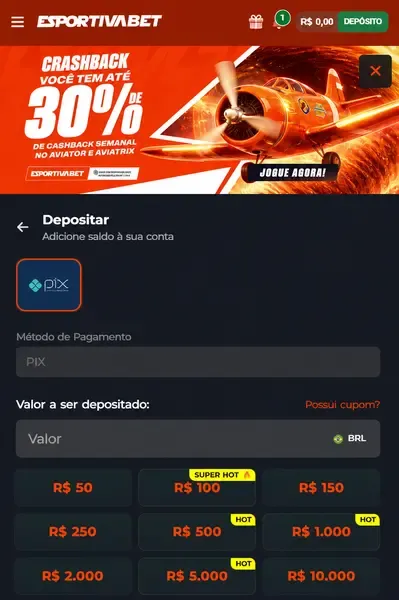 Na Esportiva Bet, d&aacute; para jogar com dep&oacute;sitos via Pix por apenas R$10
