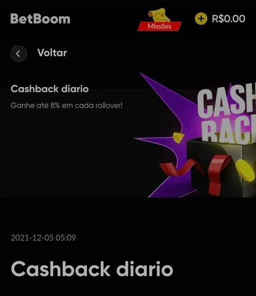Captura de tela da p&aacute;gina do cashback di&aacute;rio da Betboom

