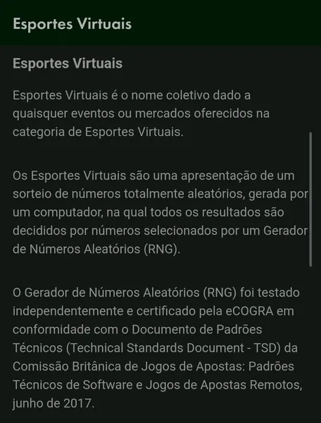 Termos e condi&ccedil;&otilde;es exibidos na bet para jogos de futebol virtual
