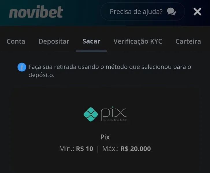 Captura de tela da p&aacute;gina de saques da Novibet