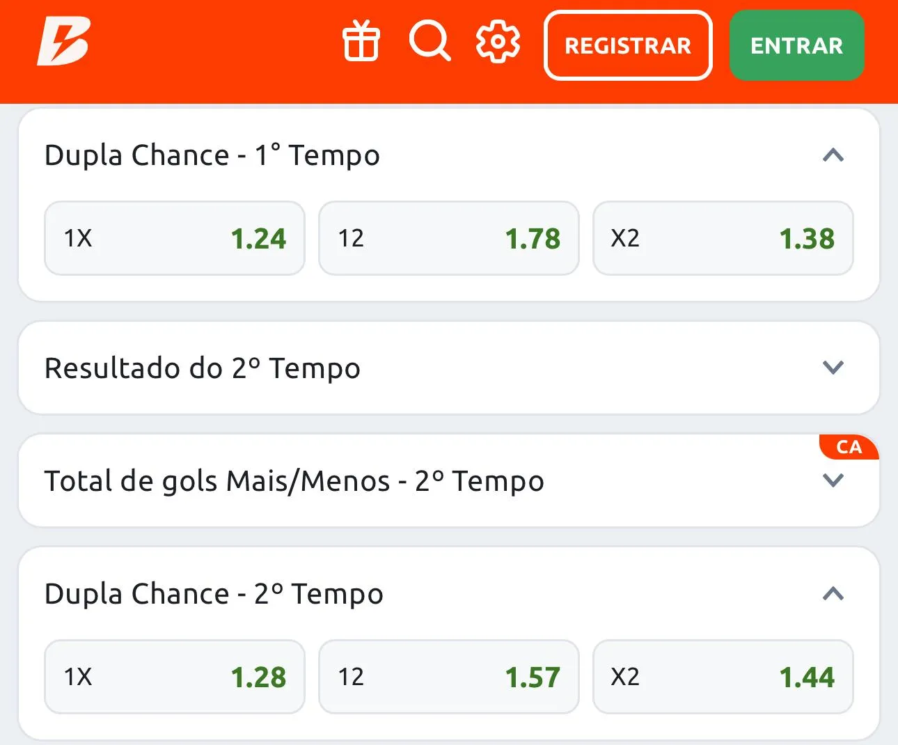 Odds de dupla chance no primeiro tempo na Betano