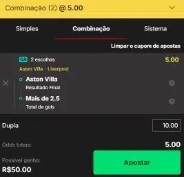 Exemplo de bilhete com combina&ccedil;&otilde;es de apostas na KTO