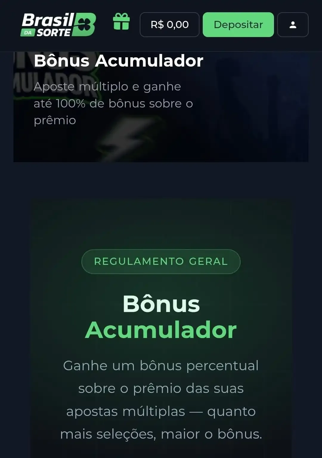 Captura de tela da campanha de B&ocirc;nus Acumulador da Brasil da Sorte.