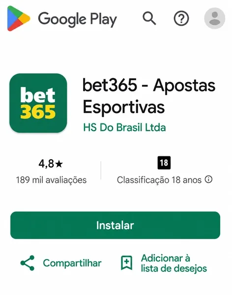 P&aacute;gina de download do aplicativo bet365 na Play Store
