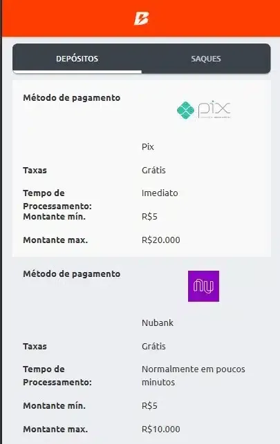 M&eacute;todos de pagamento da Betano