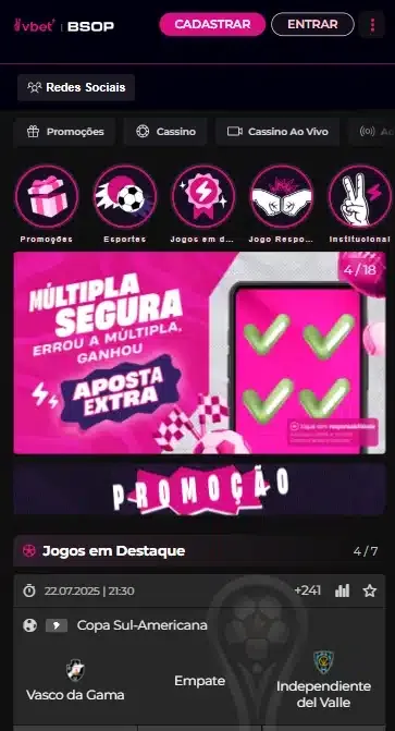 Captura de tela da p&aacute;gina de apostas da Vbet