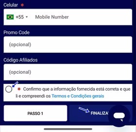 Passo 3 do cadastro na Esportes da Sorte