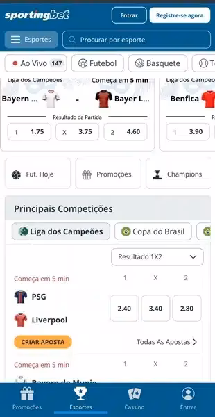 P&aacute;gina de jogos dispon&iacute;veis na Sportingbet, incluindo partidas da Liga dos Campe&otilde;es da Uefa