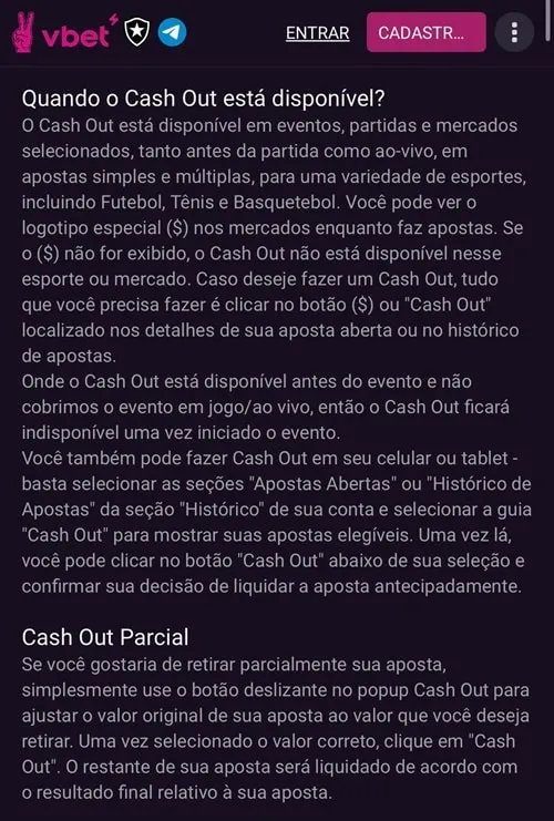Captura de tela do site da Vbet apostas com explica&ccedil;&otilde;es sobre o recurso de cash out.