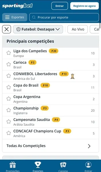 Captura de tela da p&aacute;gina de futebol do promo code Sportingbet